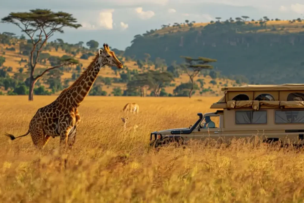 giraffe-is-standing-grass-with-car-background-2048 - Africa Typique Safari